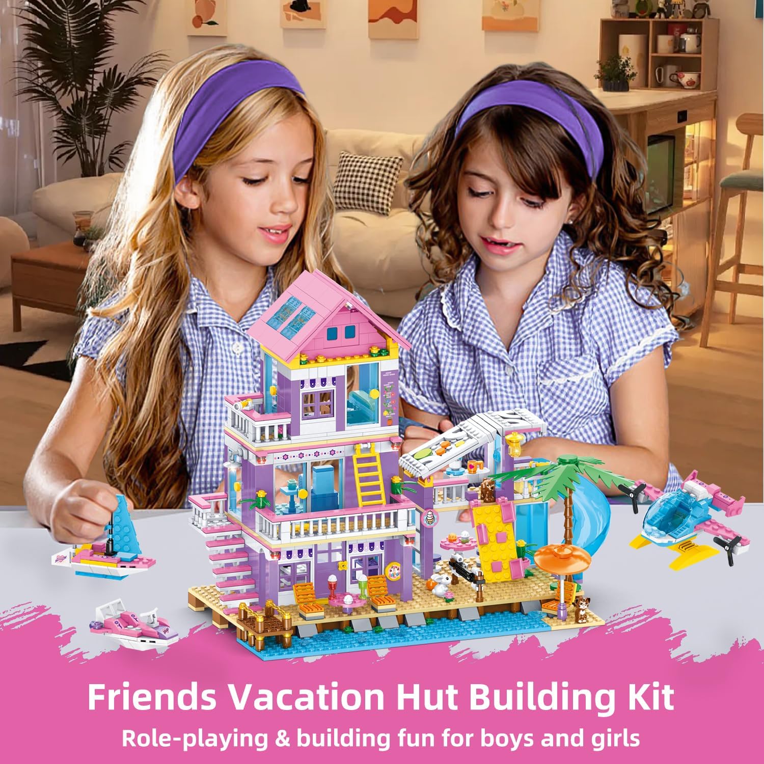 955 Piece Beach House Building Set,Seaside Beach Villa Building Toys Friends Vacation Hut Blocks Set,STEM BuildingToys with Helicopter,Yacht,Sailboat,Christmas Birthday Gift for Girl Age 6-12